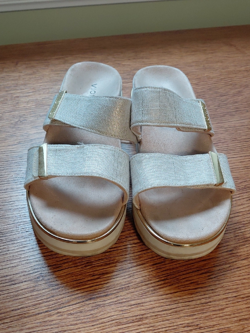 Vionic Metallic Linen Double-Strap Slide Sandals - Gold